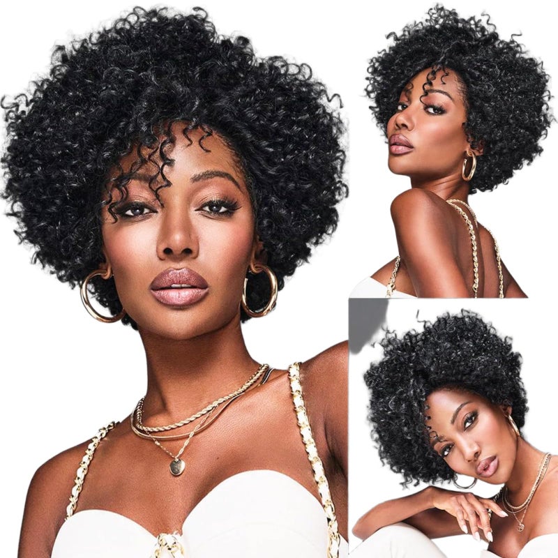 BECUS Afro Curly Wigs for Black Women Heat Resistant Brazilian Remy Human Hair Wigs(8 inches Natural Spiral Black #1B) - Image 1